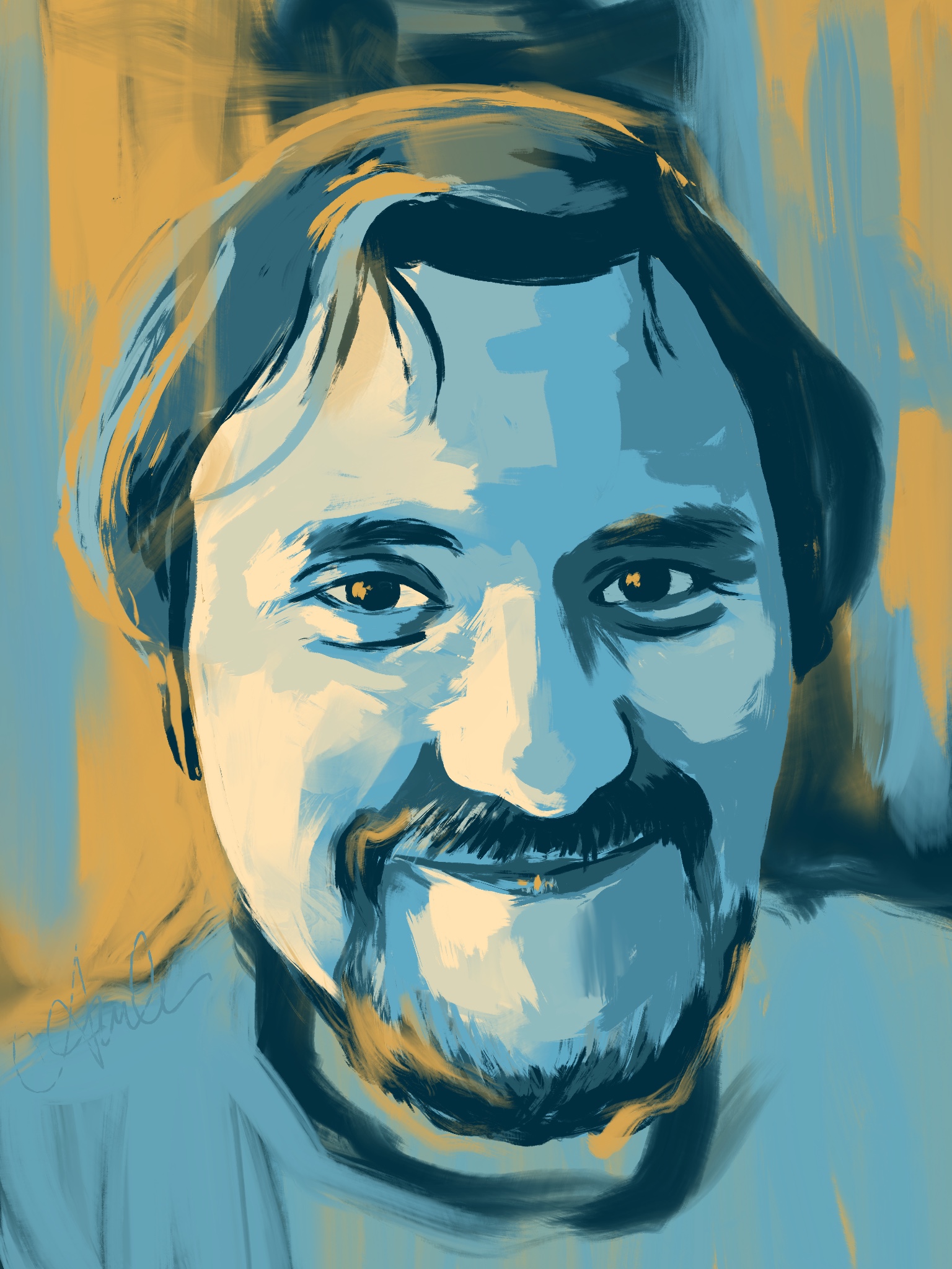 Portrait of Iker, in a style reminiscent of the character portraits for Disco Elysium in tones of yellows and blues.